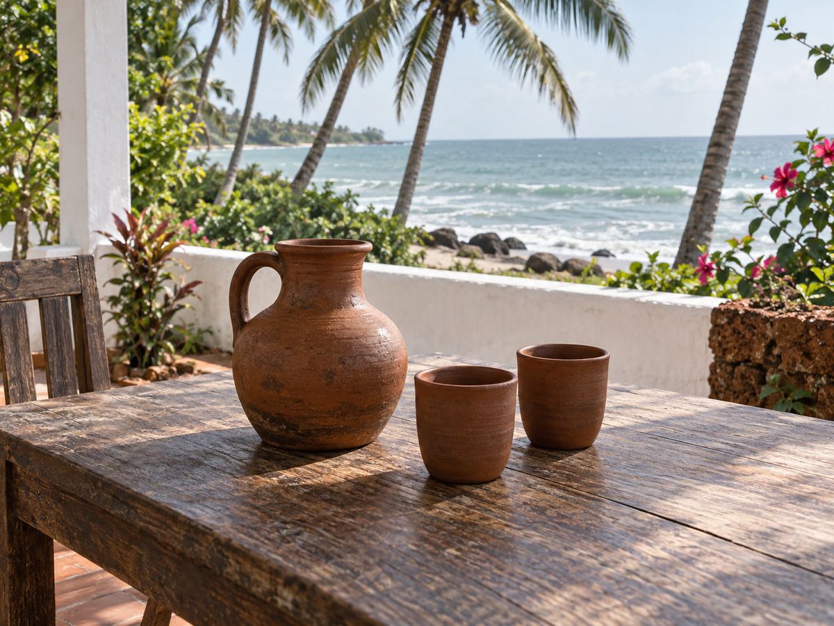 Late-morning sea-view terrace with a clay water jug and coconut palms beyond a low wall