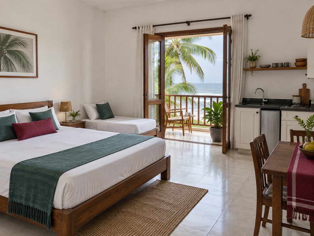 Family room with a small kitchenette, tiled floor and a balcony door open to sea air