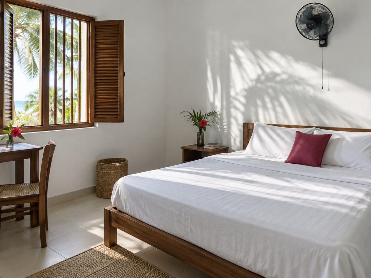 Standard bedroom with white bedding, a wall fan and palm shadow on the plaster