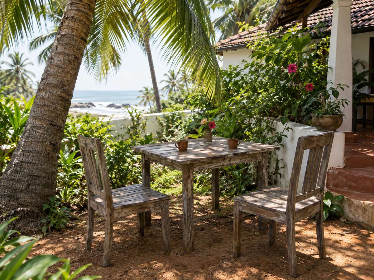 Garden table under a coconut palm, clay cups, bright coastal light