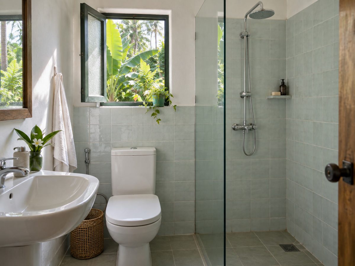 Bathroom with a hot-water shower, pale tiles and a small window onto greenery